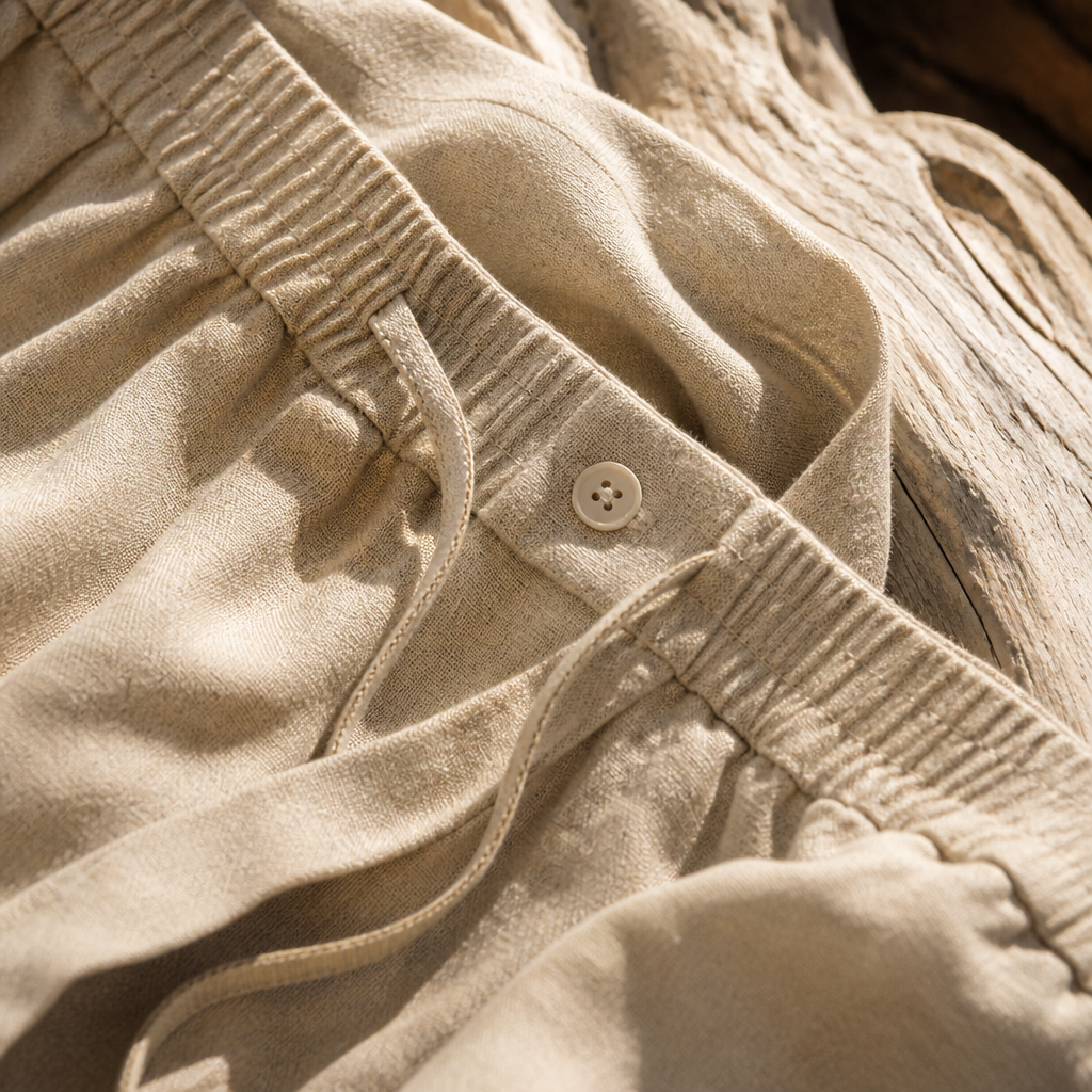 The Capri Drawstring Linen Trouser Sand — detail