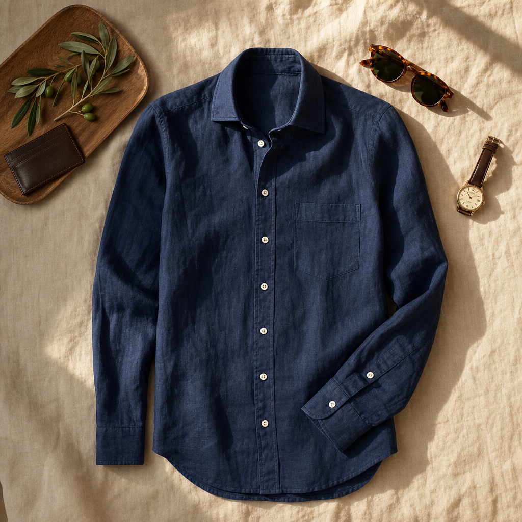 The Halsworth Spread Collar Linen Shirt Navy — lifestyle