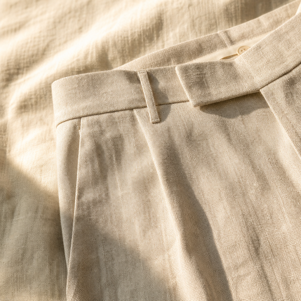 The Hayes Tailored Linen Trouser Sand — detail
