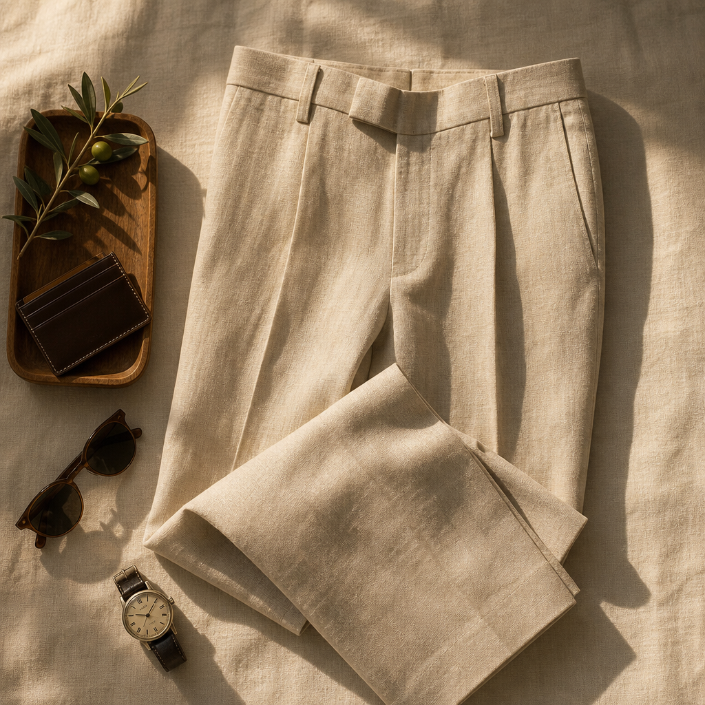 The Hayes Tailored Linen Trouser Sand — lifestyle